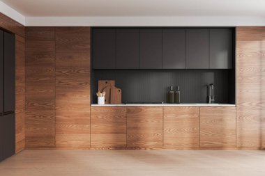 Ahşap ev mutfağı, lavabo ve soba, mutfak gereçleri ve ahşap zeminde buzdolabı. Modern dairede yemek pişirme alanı. 3B görüntüleme