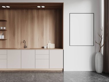 Mutfak mutfağı mutfak dolabı, lavabo ve mutfak gereçleriyle dolu. Rafları ve dekorasyonu olan lüks yemek alanı. Duvarda tuval posteri var. 3B görüntüleme