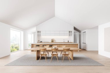 Beyaz lüks ev mutfağı ahşap yemek masası, bar adası ve ahşap zeminde buzdolabı olan yemek dolabı. Bangkok gökdelenlerinin panoramik penceresi. 3B görüntüleme