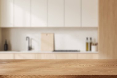 Ahşap ürün sergi masası modern bulanık mutfakta beyaz duvarlı ve lavaboda beyaz dolaplı. 3d oluşturma