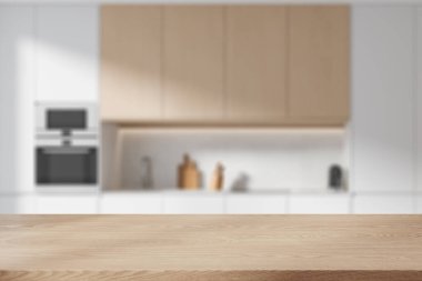 Ahşap ürün sergi masası şık, bulanık bir mutfakta beyaz duvarları ve sobada yapılmış beyaz dolapları var. 3d oluşturma