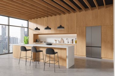 Ev mutfağı manzarası, bar adası, yemek dolabı, buzdolabı ve mutfak gereçleri. Bangkok gökdelenlerinin panoramik penceresi. 3B görüntüleme