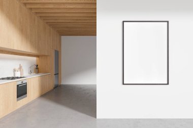 Ahşap ve beyaz mutfak, mutfak dolabı, lavabosu ve buzdolabı. Minimalist mobilyaları olan modern yemek alanı. Duvar bölmesindeki tuval posteri. 3B görüntüleme