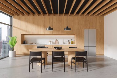Modern ahşap ev mutfağı. Yemek masası, sandalyeler, parlak beton zemin. Dolabı ve buzdolabı olan yemek odası, gökdelenlerin panoramik penceresi. 3B görüntüleme