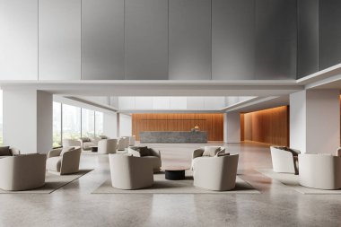 Modern ofis bekleme odasının içinde beyaz duvarlar, beton zemin, resepsiyon tezgahı ve sehpaların yanında duran rahat gri koltuklar. 3d oluşturma
