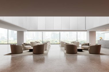 Modern lobi girişi resepsiyon masası, sıralı kahve masalı koltuklar. Samimi mobilyalarla bekleme ya da dinlenme alanı. Bangkok gökdelenlerinin panoramik penceresi. 3B görüntüleme