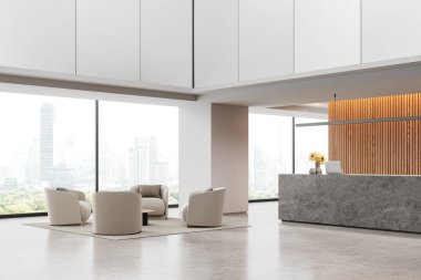 Resepsiyonlu iş manzarası, kahve masalı koltuklar. Bangkok gökdelenlerinde panoramik pencereli modern lobide bekleme ya da dinlenme alanı. 3B görüntüleme