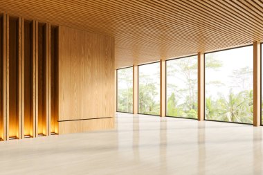 Boş ofis odasının içi, aydınlık beton zemin, tavan panelleri ve tropiklerin panoramik pencereleriyle dolu. Mobilya yok, insan yok. 3B görüntüleme