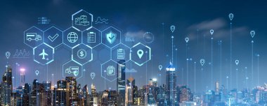 Gece Bangkok silueti ve coğrafi etiketler, farklı lojistik simgelerle sanal ekran hologramı. E-ticaret, arz, sipariş izleme, ürün ve teslimat kavramı