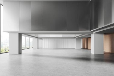 Boş uzay endüstriyel ofis odası içi gri beton döşemeli, sütunlu çatı katı. Bangkok gökdelenlerinde panoramik pencereli metal ve beyaz çalışma alanı tasarımı. 3B görüntüleme