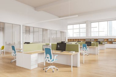 Masa ve koltuklarda bilgisayar olan ofis içi köşesi manzarası, yan görüş cam toplantı odası. Raf ve iş belgeleriyle dolu rahat bir iş yeri. 3B görüntüleme