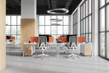 Bilgisayarları ve sandalyeleri açık beton zemini olan modern beyaz ofis içi. Tropik bölgelerde panoramik pencereli şık ofis işleri. 3B görüntüleme