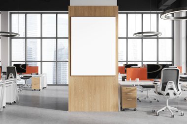 Paylaşılan masa ve bilgisayarlarla birlikte çalışma odasının iç dekorasyonu çok şık. Singapur gökdelenlerinde panoramik pencereli bir iş yeri. Bölüme uzay posterini kopyala. 3B görüntüleme