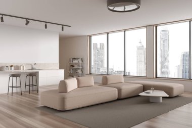 Düz stüdyo manzarası, halı, bar ve yemek pişirme sahasında kanepe. Şık mobilyaları ve dekorasyonu olan rahat bir daire, Bangkok gökdelenlerinin panoramik penceresi. 3B görüntüleme