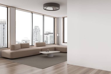 Köşedeki oturma odası manzarası bej kanepeli, dekorasyonlu kahve masası, ahşap döşemeli halı. Bangkok 'ta panoramik pencere ve boş duvarlar. 3B görüntüleme