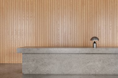 Ahşap resepsiyon lobisi, taş masa ve lamba, gri beton zemin. Boş fotokopi duvarı olan kayıt ve ofis kayıt boşluğu. 3B görüntüleme