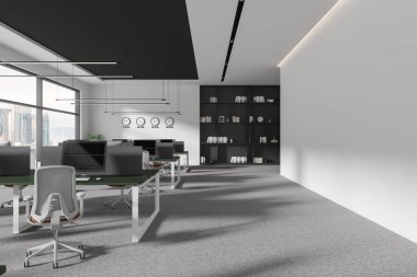 Koltukları ve bilgisayarları olan şık bir ofis, sıralı bir masa ve dünya saati, dekorasyonlu bir raf. Kuala Lumpur 'da koridoru ve panoramik penceresi olan rahat bir çalışma odası. 3B görüntüleme