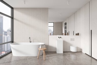 Modern banyo, beyaz duvarlar, beton zemin, rahat beyaz küvet, üzerinde büyük ayna ve tuvalet olan yuvarlak lavabo. 3D görüntüleme. 3d oluşturma