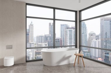 Otel banyosu manzarası, duvarları asılı tuvalet, aksesuarlı küvet. Bangkok gökdelenlerinde panoramik pencereli banyo alanı. 3B görüntüleme