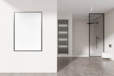 Açık otel banyosu, duvarda asılı tuvalet, cam bölme ve havlu korkuluğu, beton zemin. Duvar bölmesindeki tuval posterini taklit et. 3B görüntüleme