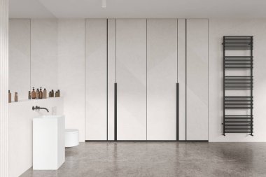 Lavabosu ve duvarları asılmış tuvalet, havlu korkuluğu ve beton zeminde gardırobu olan minimalist bir banyo. Modern dairede şık bir tuvalet. 3B görüntüleme