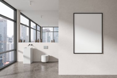 Modern banyo, beyaz duvarlar, beton zemin, rahat yuvarlak beyaz lavabo, çalışılmış ve sağda dikey maket poster. 3d oluşturma