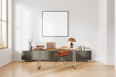 Samimi iş masası ve dizüstü bilgisayar, ahşap döşemeli büfe. Bangkok 'ta teknoloji ve panoramik pencereli bir Ceo işyeri. Model uzay kare posteri. 3B görüntüleme