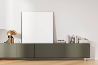 Beyaz ev oturma odasının içinde ahşap zemin üzerinde yeşil çekmece var. Minimalist sanat dekorasyonu, kitaplar, altın lamba. Kare bir tuval posteri yap. 3B görüntüleme