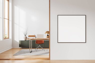 Lüks ofis CEO masası ve dizüstü bilgisayar, ahşap zemin süslemeli büfe. Bangkok 'ta panoramik pencereli rahat bir çalışma alanı. Bölüme uzay kare posterini kopyala. 3B görüntüleme