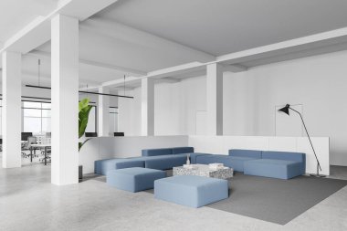 Modern ofis bekleme odasının köşesinde beyaz duvarlar, beton zemin ve sehpanın yanında duran rahat mavi koltuklar. 3d oluşturma