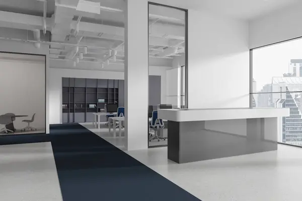 白い壁 コンクリートおよび青い床およびパノラマ窓の近くに立っている快適な灰色の受信カウンターが付いているスタイリッシュなオフィスの内部 3Dレンダリング — ストック写真