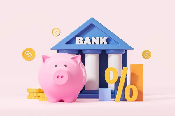 Ceramic piggy money box and cartoon bank building, percent sign with graph and falling gold coins. Concept of mortgage, accumulation and interest rate. 3D rendering illustration