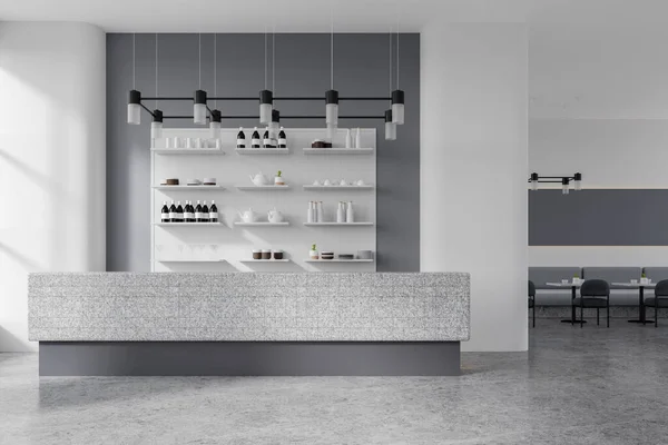White and grey bar interior with stone counter on grey concrete floor, shelves with dishes and kitchenware. Eating space with chairs and tables in row. 3D rendering