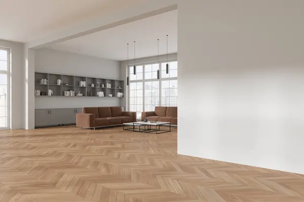 Hoek Van Moderne Kantoor Wachtkamer Met Witte Muren Houten Vloer — Stockfoto