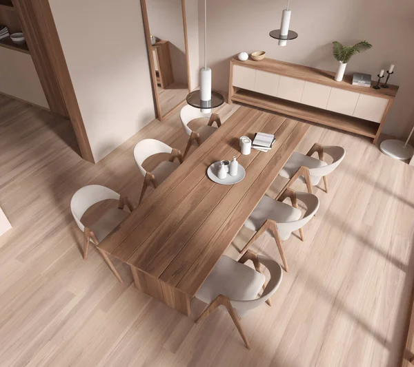 Top view of stylish dining room interior with beige walls, wooden floor, long dining table with white chairs and big mirror standing on the floor. 3d rendering
