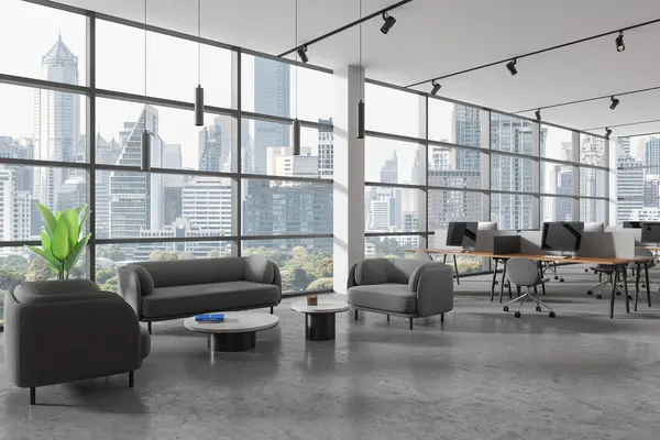 现代办公室候车室的内部 白色的墙壁 铺着地毯的地板 舒适的沙发和扶手椅耸立在全景窗前 3D渲染 — 图库照片