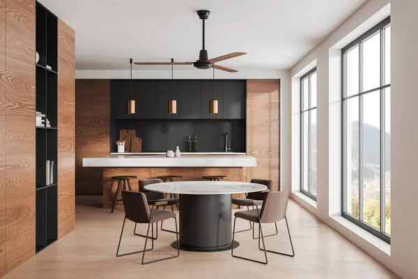 现代化的家庭厨房内部与酒吧岛和餐桌 橱柜与厨房用具和架子与装饰 有全景窗的饮食和烹调空间 3D渲染 — 图库照片