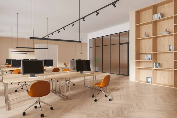 Ecke Des Modernen Großraumbüros Mit Weißen Und Hölzernen Wänden Holzboden — Stockfoto