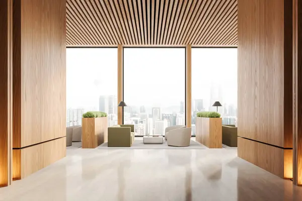 Wnętrze Nowoczesnego Biura Poczekalnia Drewnianymi Ścianami Betonową Podłogą Wygodną Zieloną — Zdjęcie stockowe