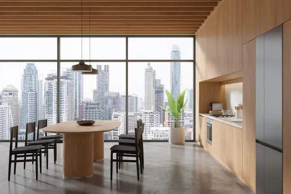 Stilvolle Wohnküche Mit Esstisch Und Stühlen Grauer Betonboden Kochnische Mit — Stockfoto