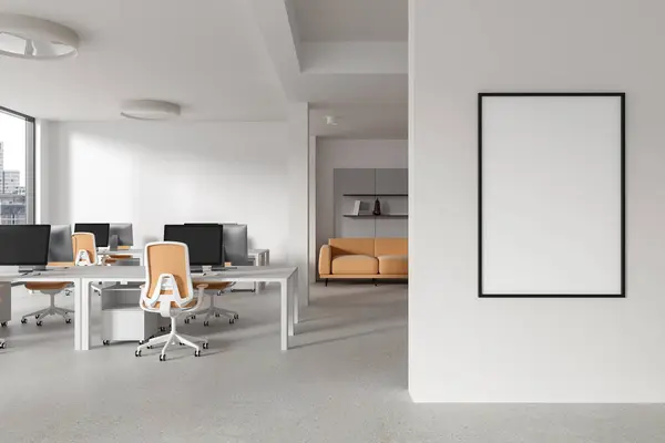 Interior of stylish open space office with white walls, concrete floor and long computer tables with orange chairs. Mock up poster on the right. 3d rendering