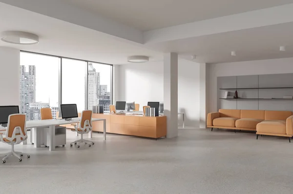 Corner view of coworking interior with workplace and lounge zone. Modern workspace with pc computers, drawer and chill area with orange sofa. Panoramic window on Bangkok skyscrapers. 3D rendering