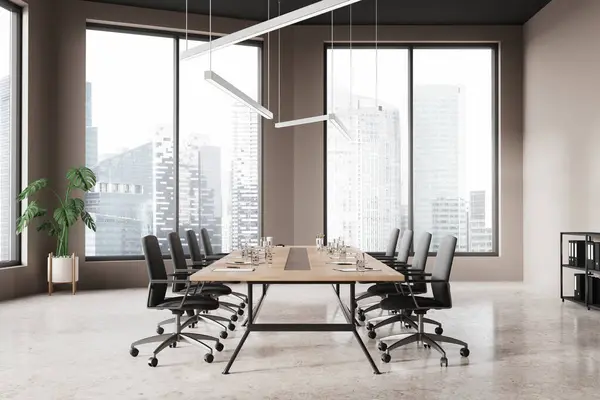 Stylish office meeting interior with armchairs and conference board, shelf with documents. Ceo negotiation space with panoramic window on Singapore skyscrapers. 3D rendering