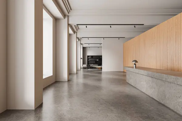 Interior Modern Office Lobby White Wooden Walls Concrete Floor Massive — Stock Photo, Image