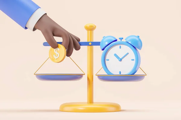 Cartoon mans hand putting dollar coins on scales with alarm clock over yellow background. Concept of time is money. 3 d rendering