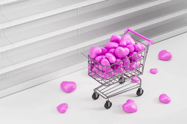 市場棚の近くに漫画のピンクのハートでいっぱいのトロリー ギフトを購入して購入し 店舗でプレゼントします 愛の概念 バレンタインデー オンラインショッピング 3Dレンダリングイラスト — ストック写真