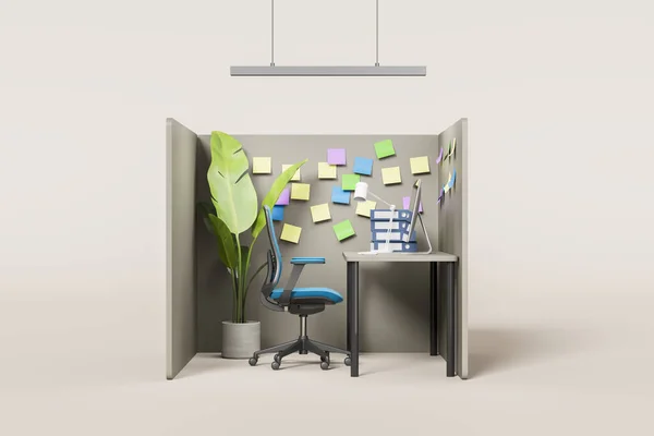 View of white office cubicle with computer desk and office chair over white background. Concept of office workplace and business lifestyle. 3d rendering
