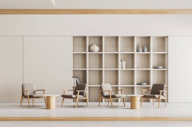 Koltuklu, masalı, parlak beton zeminli şık minimalist bir kafe. Süslü ve kitaplı raflar. Konforlu yemek ve mobilyalarla rahatlatıcı bir yer. 3B görüntüleme