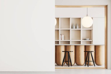 Bar tezgahı, taburesi, tabakları, tabakları ve dekorasyonu olan rahat bej bir restoran. Model uzay duvar bölümlü şık bir yemek odası. 3B görüntüleme