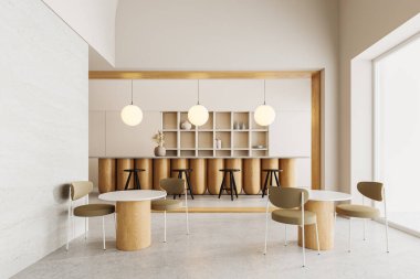 Beyaz duvarları, beton zemini, uzun ahşap tezgahı ve sandalyeli yuvarlak masaları olan şık bir restoran. 3d oluşturma